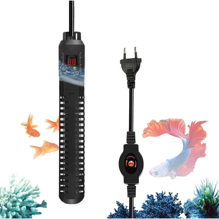 Incalzitor pentru Acvariu, Bedee, 500W, Cu LED termometru, Pentru acvariu 60-250L, 15-34°C, IPX8, Cu si lampa de functionare, Pentru acvarii de apa dulce si sarata, ABS, 4.2*28cm, Negru