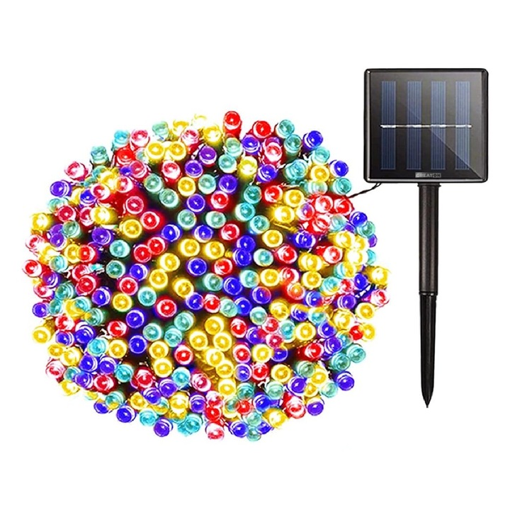 Instalatie Solara Liniara de Craciun GREATON, 10 m, 100 LED-uri Multicolore, Cu Telecomanda si 8 Jocuri de Lumini, Fir Verde Inchis, Utilizare Interior / Exterior, Alimentare Solara