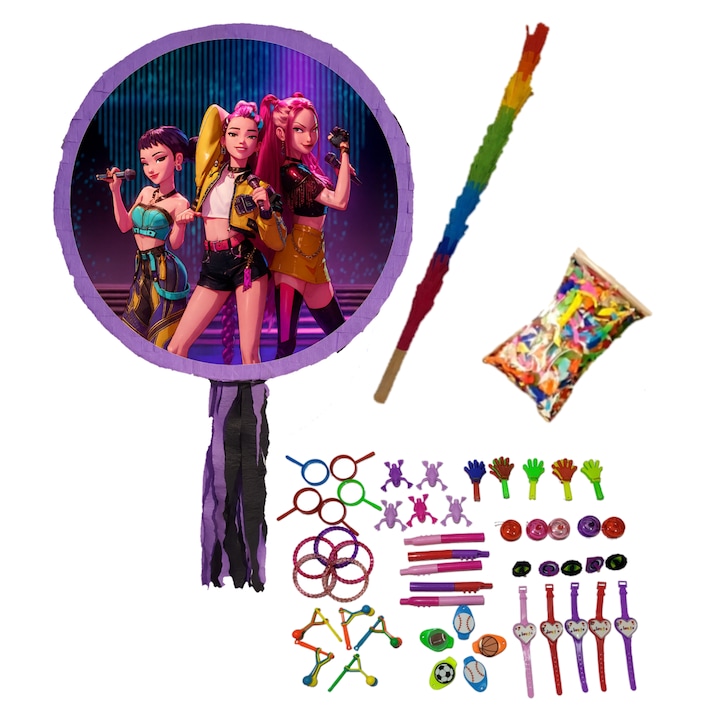 Pinata Huntrix Star, K Pop Demon Hunters, cu 50 de jucarii din plastic, bat si confetti, Pinastar. Orificiu mare pentru umplere, rezistenta, bat din lemn