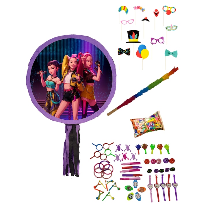 Pinata Huntrix Star, K Pop Demon Hunters, cu 50 de jucarii din plastic, 12 propsuri, bat si confetti, Pinastar. Orificiu mare pentru umplere, rezistenta, bat din lemn