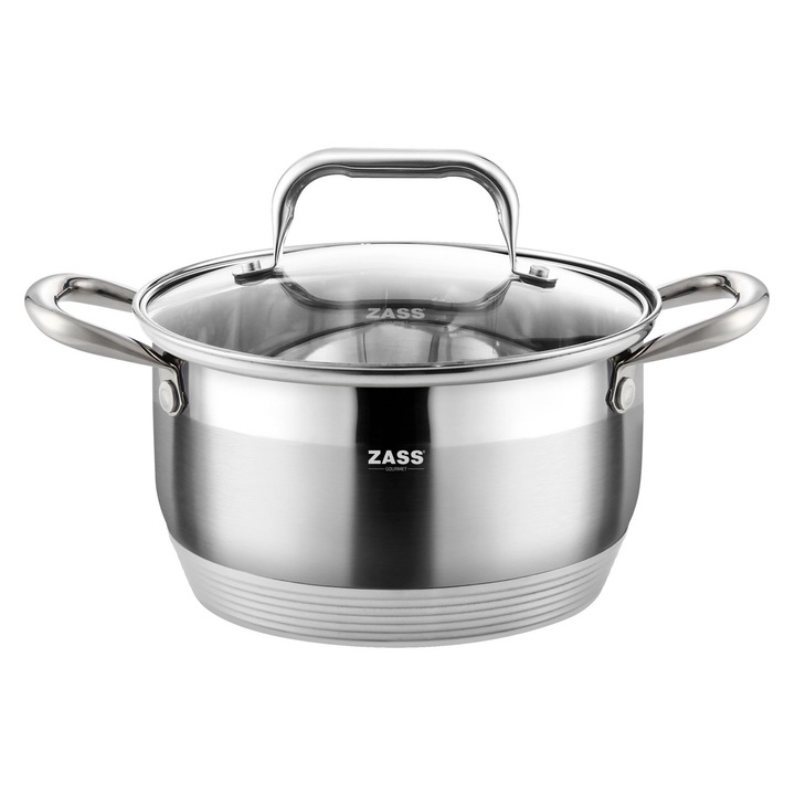 Oala din inox Zass Gourmet ZG-SC 01-26 cu capac, Capacitate 10 L, Otel inoxidabil 304, Capac transparent din sticla, Baza multistrat, Argintiu