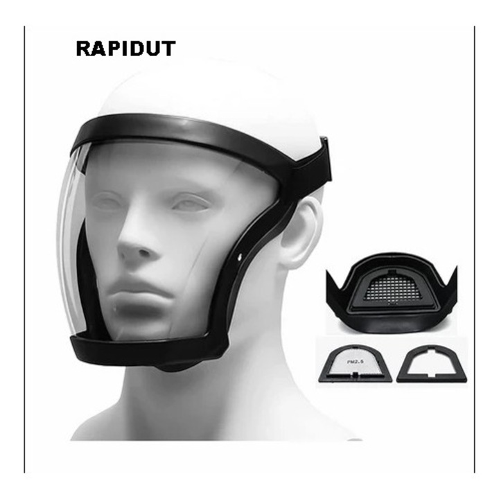 Защитна маска RAPIDUT с 1x PM2.5 филтър, тип визьор, регулируема, черно-прозрачна, за многократна употреба