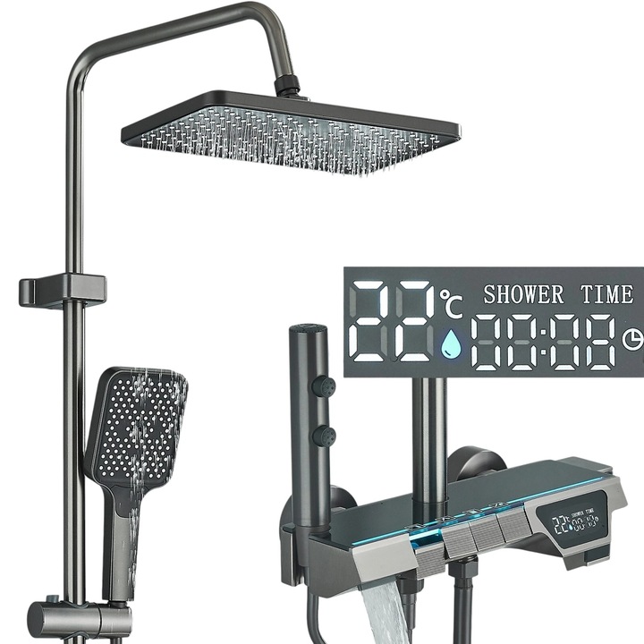 Душ колона за баня BisDesign®, първокласен алуминий, дисплей за температура на водата, голямо черно стъкло, пиано бутони, регулируема височина, графитносив цвят, душ слушалка 28 см с ефект дъжд, 4 функции на струята