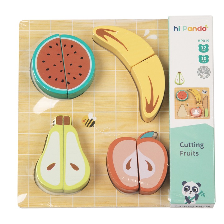 Set de tăiat fructe din lemn, Tooky Toy, 4 fructe, cutit, multicolor, 18x18x1.7cm