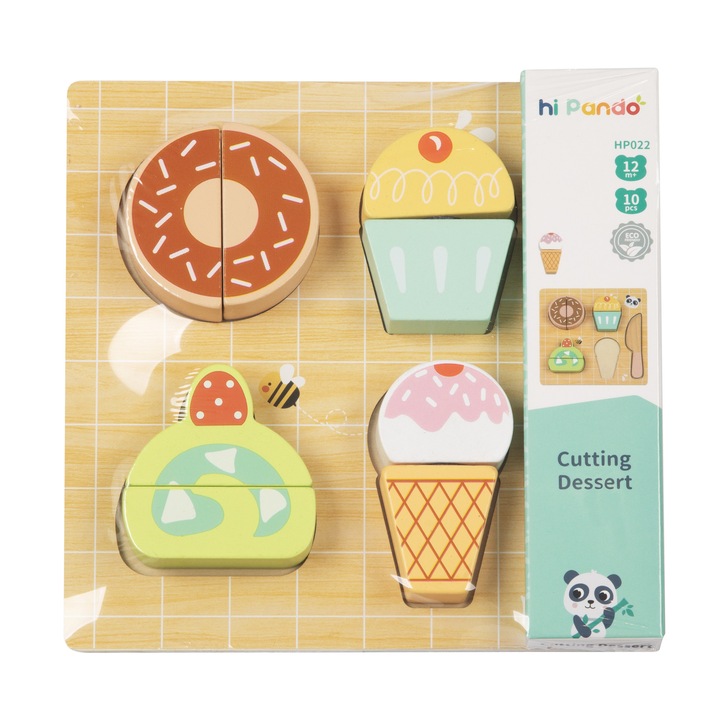 Set de tăiat mâncare din lemn, Tooky Toy, 8 piese, multicolor, 18x18x1.7cm