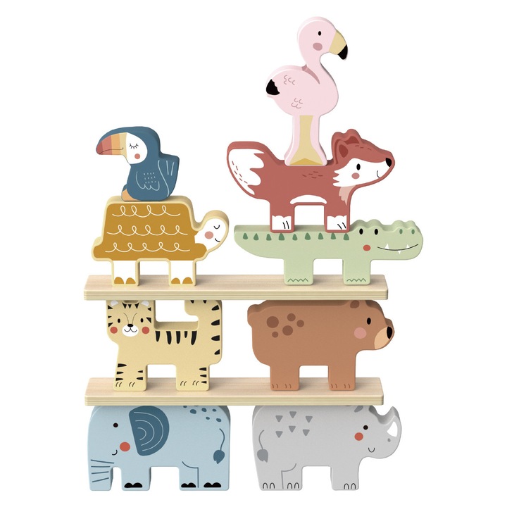 Jucărie educativă din lemn, Tooky Toy, joc de echilibru cu animale, multicolor, 21x4x17cm, 18+ luni