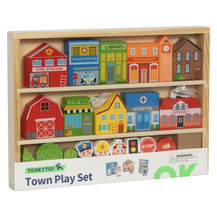 Jucărie educativă set oraș din lemn Tooky Toy, 11 clădiri, multicolor, 30x22x2.7cm, 3+ ani