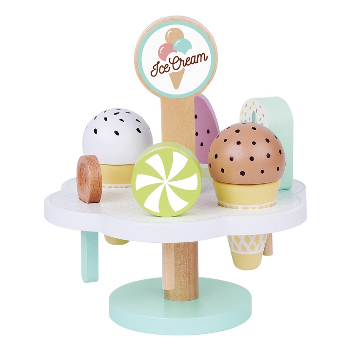 Set inghetata din lemn Tooky Toy, 5 stiluri, suport rotund, multicolor, 15x15x16.4cm