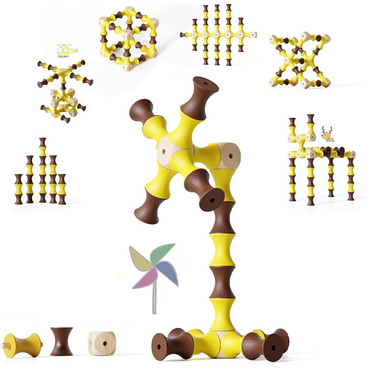 Set de blocuri de construcție pentru copii, 61 piese din lemn, multicolor, 2 cm