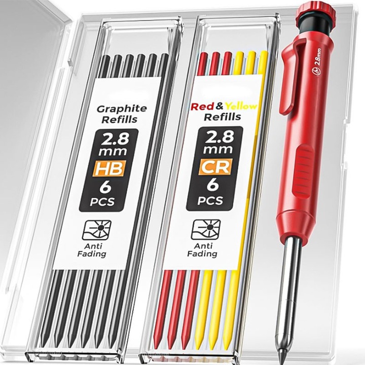 Set creioane pentru tamplarie, Excitat®, 2.8mm, 12 rezerve, Ascutitor, Corp din rezistent, Ergonomice, Grip confortabil, ABS/Metal, 14.5x1.2x1.2cm, Rosu