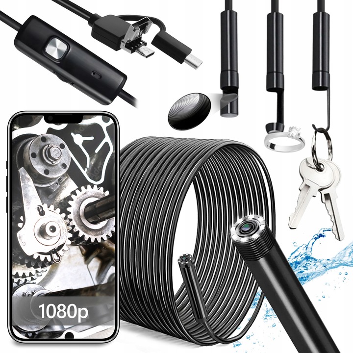 Inspekciós kamera, 5 m, 6 LED, IP67, vízálló, 3 az 1-ben, Android, Type-C, Micro USB, USB-C, kampóval, mágnessel és oldalsó tükörrel, fekete