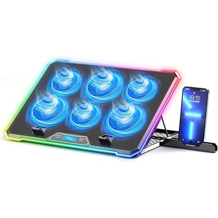 Cooler universal SDEPOT®, suport de racire pentru laptop cu 6 ventilatoare, cu 9 trepte ajustare, viteza ventilatoare reglabila, cu doua porturi USB, negru