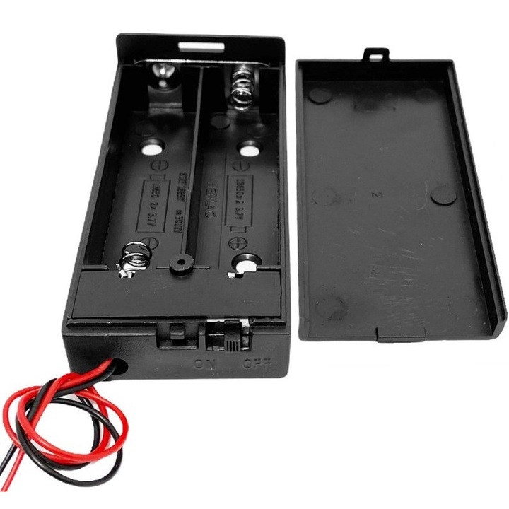 Suport baterii 2x18650, cu capac si buton ON/OFF, plastic ABS, cu cablu, 7.4V, 2S, DIY, Arduino, electronica