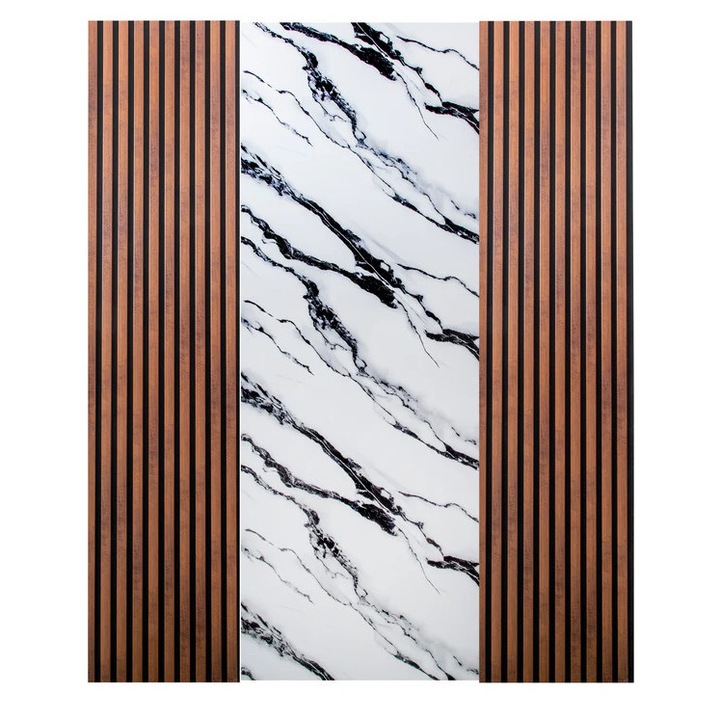 Pachet de 2 Panouri Riflaj Stejar Maro Inchis (2800 x 500 mm) + 1 Placa Decorativa Alb cu Negru (2800 x 1200 mm)