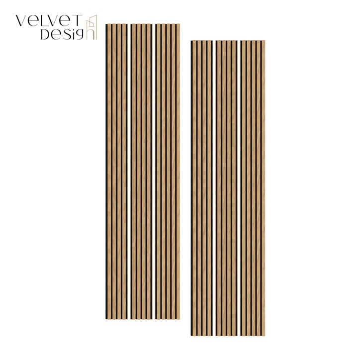 Riflaj decorativ LEDLine, SET 2 panouri acustice din lamele MDF cu furnir natural, 2 lamele semitransparente pentru iluminare LED, baza fetru PET, 2.88 mp acoperire/ set, 2400x600x21 mm/ panou, culoare Stejar Roy, atenuare zgomot 80%, Velvet Design