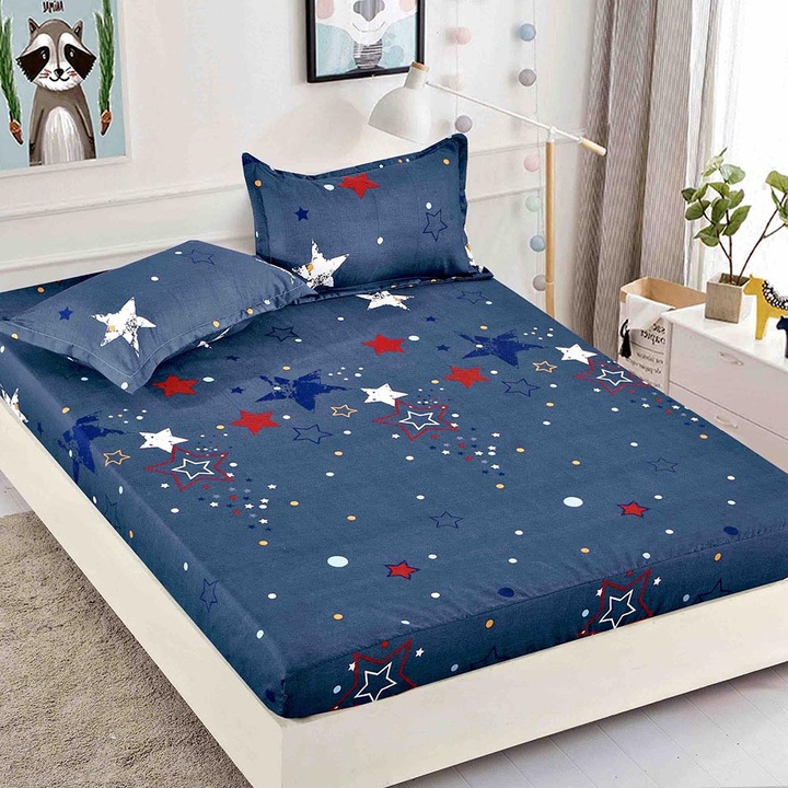 Husa Pat Dublu cu elastic cu 2 fete de perna, Tesatura Tip Finet, pat 180x200 cm