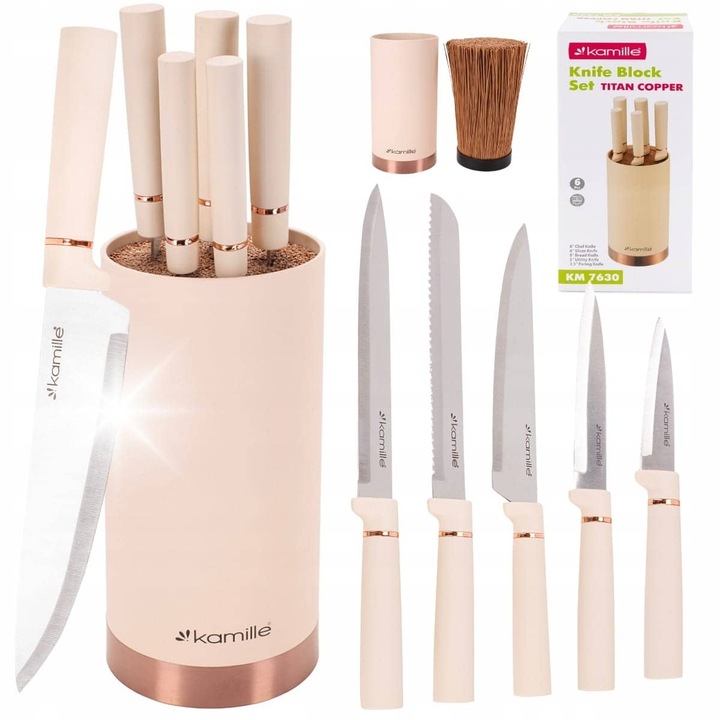 Set de 5 bucati elegant de cutite bej cu suport
