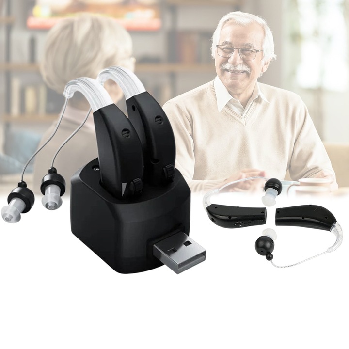 Aparat Auditiv reincarcabil, Suness, Amplificatoare de sunet personale premium reincarcabile cu dock USB, Volum ajustabil, dispozitive de imbunatatire a auzului retroauriculare cu baterie de lunga durata - Negre