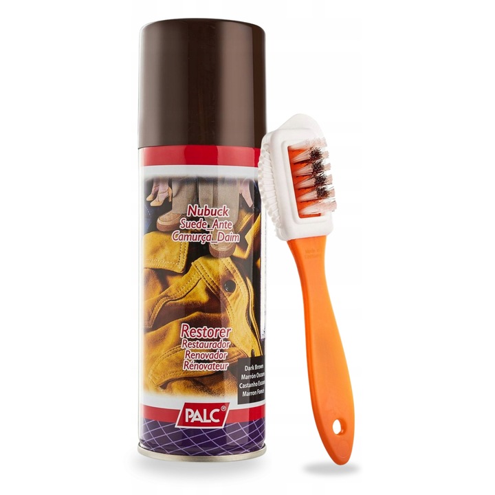 Kit de restaurare piele intoarsa, varf, maro inchis, spray 200 ml, perie cu doua fete, impregnare, reimprospatare a culorii, protectie impotriva umiditatii, aplicare convenabila, forma ergonomica, indepartare eficienta a murdariei, sigur pentru piele