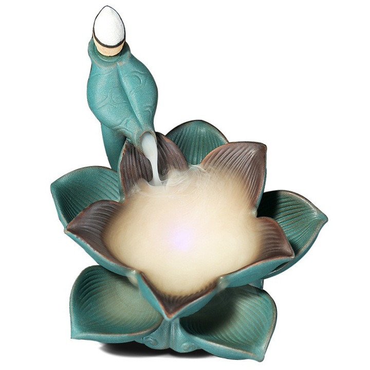 Fantana cascada backflow floare Lotus, suport aromaterapie, pentru relaxare, 14 cm, verde, Cuptor de aromaterapie cu reflux si lumina LED colorata, Ornamente artizanale din ceramica