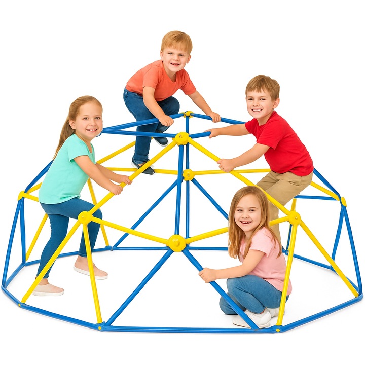 Купол за катерене за деца Kango™ UP Multi Play 182 см, капацитет 350 кг, ергономични дръжки за захващане, поцинкована стомана, защита от ръжда и UV, заоблени ръбове, стабилен, лесен монтаж, външен/вътрешен, син/жълт