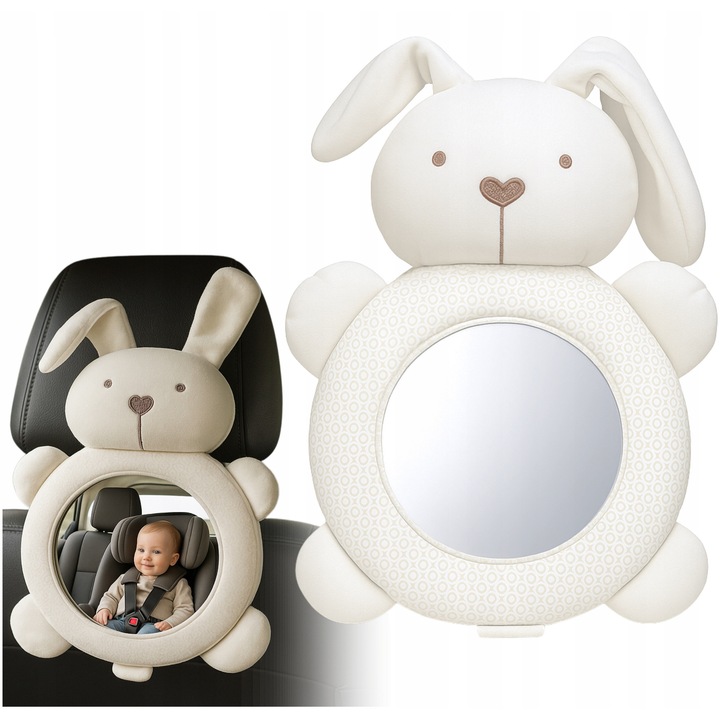 Oglinda Pentru Observarea Copilului, Korbi, Iepuras, 39x20.5 cm, Conducere In Siguranta – Permite Observarea Copilului Fara A Distrage Atentia De La Drum, Design Adorabil, Montaj Usor, Potrivire Universala, Bej