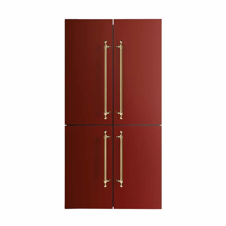 Frigider side by side cu 4 usi ILVE, Nostalgie, H 183 cm, capacitate totala 539 litri, No Frost, compresor Inverter, mod Vacanta, functie Super Freeze si Super Cool, dispenser de gheata, control individual de temperatura, filtru anti-miros, burgundy/auriu