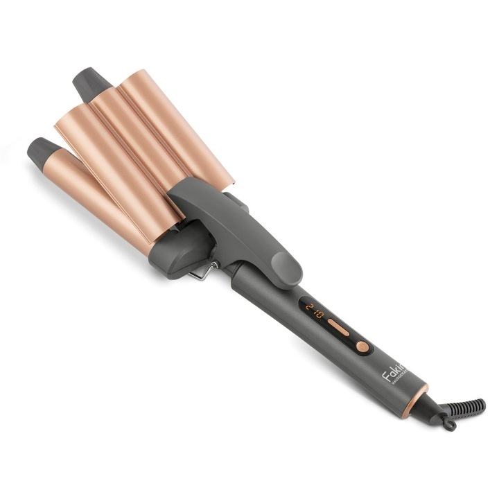 Ondulator de par Fakir Ion Fusion, 126W, 3 tuburi 28mm, 10 setari temp. (120–210°C), Ionizare, Ceramica cu ulei de argan, LED, Auto-off, Antracit