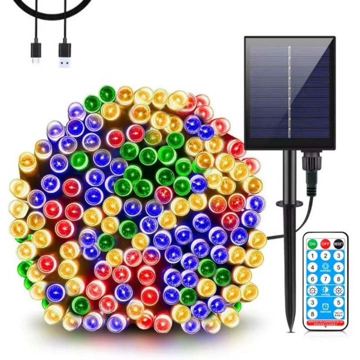 Instalatie De Craciun Liniara Solara SIKS Cu Telecomanda Pentru Exterior / Interior, 30 m, 300 LED-uri, Cu 8 Jocuri De Lumini, Fir Verde Inchis, Panou Solar Dar Cu Posibilitate Alimentare Si USB, Multicolor