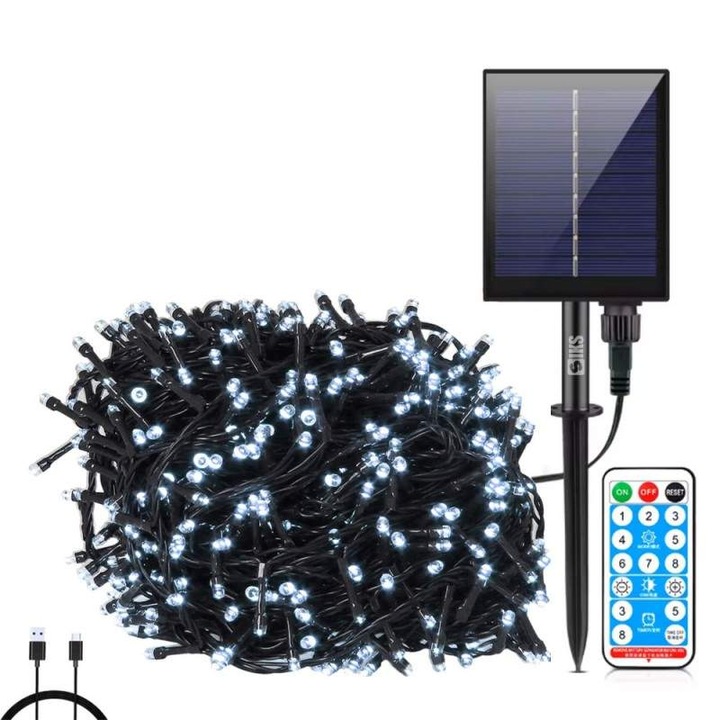 Instalatie De Craciun Liniara Solara SIKS Cu Telecomanda Pentru Exterior / Interior, 30 m, 300 LED-uri, Cu 8 Jocuri De Lumini, Fir Verde Inchis, Panou Solar Dar Cu Posibilitate Alimentare Si USB, Alb Rece