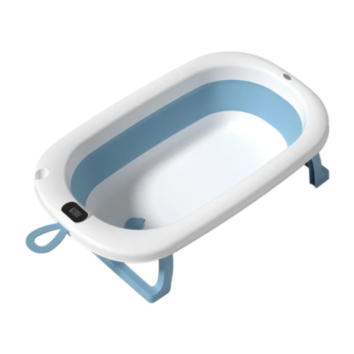 Cadita Pliabila pentru Bebelusi cu Termometru Digital, Dop de Scurgere, Picioare Anti Alunecare Design Ergonomic - Albastru cu Alb