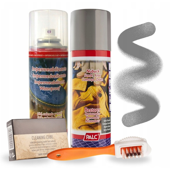 Kit de renovare pentru piele intoarsa si nubuc, pentru deget, 4 in 1, 200 ml, spray pentru piele intoarsa si nubuc, impregnare Aqua Stop, radiera de curatare, perie cu doua fete, gri, set de 4 piese, material sintetic, renovare eficienta, protectie