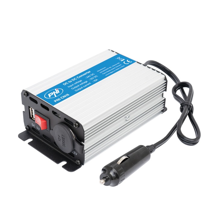 PNI CN15 180W feszültségátalakító, 24V-12V, 15A, USB 2.0, kimeneti rövidzárlat elleni védelem
