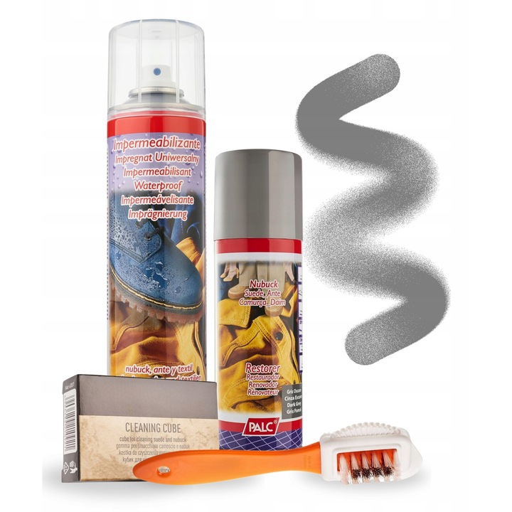 Kit de restaurare pentru piele intoarsa si nubuc, deget, 400 ml, spray pentru piele intoarsa si nubuc 200 ml, impregnare, radiera de curatare, pensula cu doua fete, gri, 4 bucati, plastic, restaurare eficienta, protectie la umiditate, aplicare
