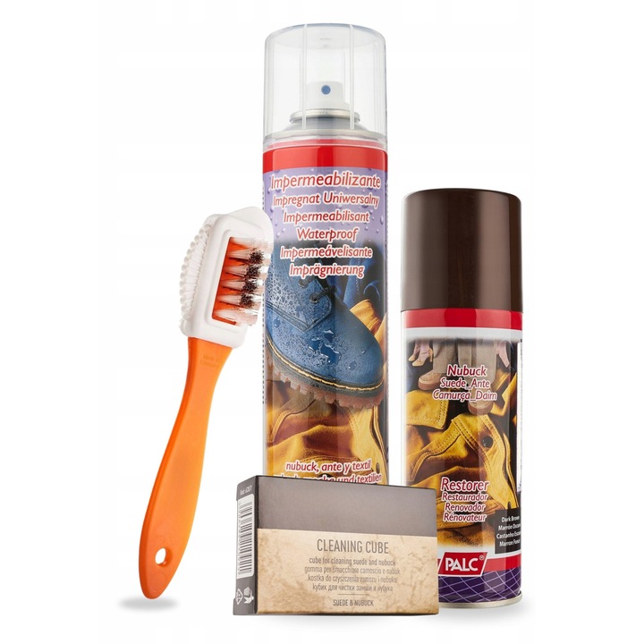 Kit de renovare pentru piele intoarsa si nubuc, pentru deget, maro inchis, 4 in 1, spray pentru piele intoarsa 200 ml, impregnare 400 ml, radiera de curatare, perie cu doua fete, Multicolor, setul include: spray, impregnator, radiera, pensula, material: