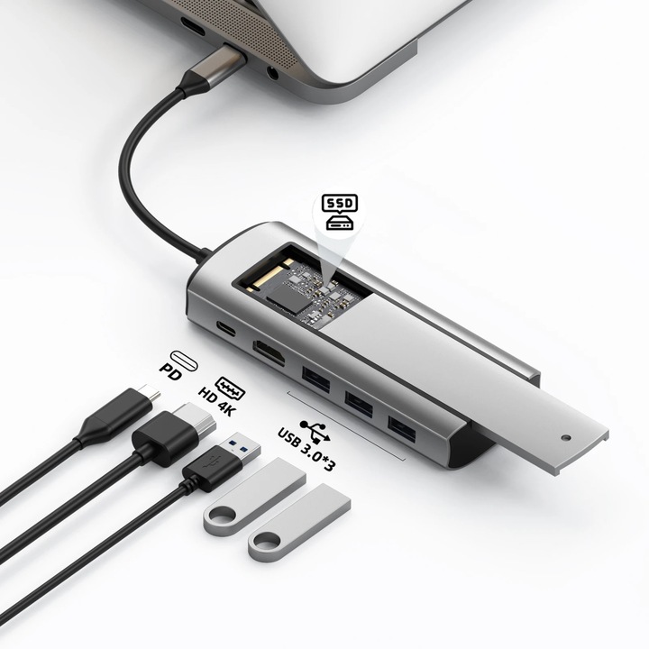 Докинг станция/хъб USB-C 6 в 1 LEBLOU с поддръжка на SSD M.2 NVMe/SATA, HDMI 4K@60Hz, PD 100W, 3x USB 3.0, скорост на трансфер до 10Gbps, от алуминий, съвместим с лаптоп, таблет, телефон