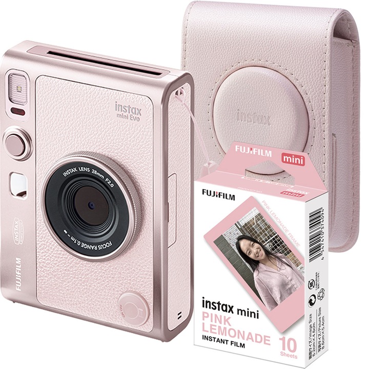 Aparat foto instant Fujifilm Instax Mini Evo Gentle Rose cu husa si film 1x10