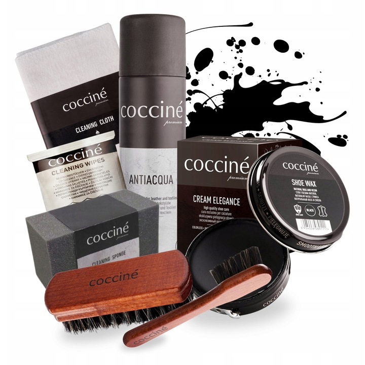 Set de ingrijire a incaltamintei, Coccine, Set mare 8 in 1, Negru, 8 articole, Crema pentru incaltaminte, Burete de curatare, Servetele de curatare, Laveta de bumbac, Pensula de 12 cm, Impregnare impermeabila, Crema de pantofi neagra, Pensula - marker
