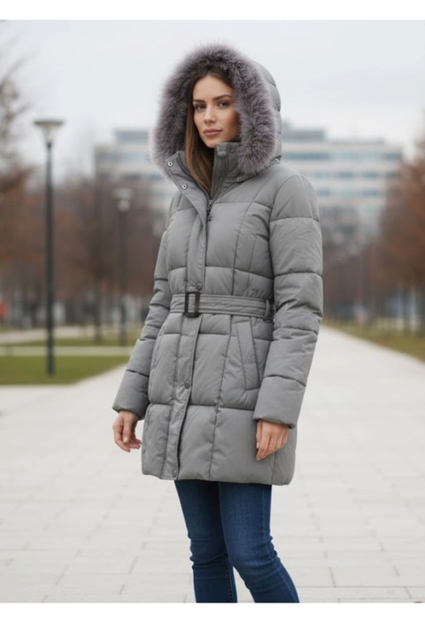 Női Vastag Téli Kabát Kapucnival és Zsinórral 210 szürke 12062, Szürke