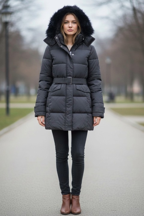 Női Vastag Téli Kabát Kapucnival és Övvel 207 fekete 12067, Fekete