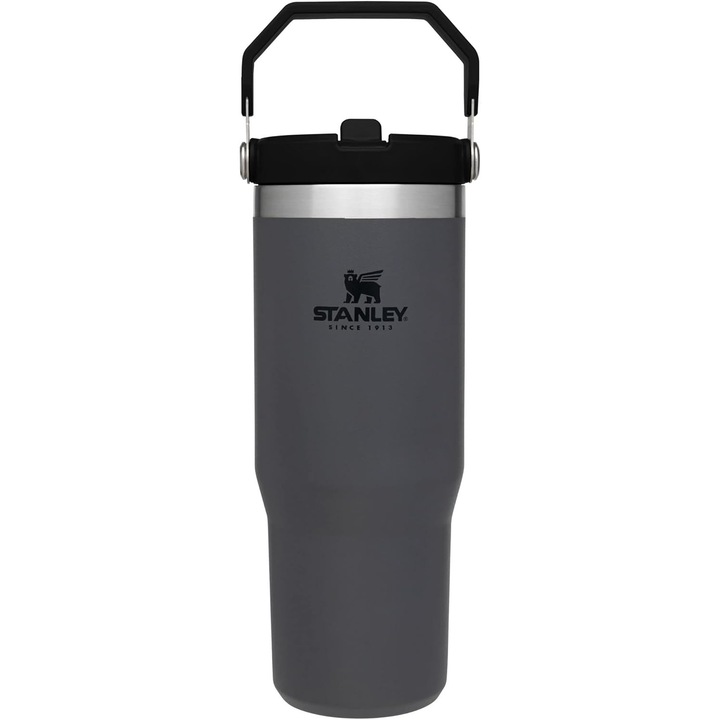 Термос с капак и сламка Stanley, 30 oz, инокс, вакуумна изолация, поддържа напитките студени 12 часа, цвят въглен