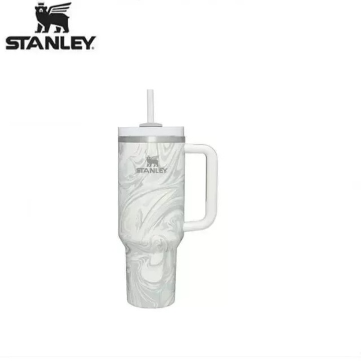 Термос с дръжка и сламка Stanley Quencher H2.0, капак с три позиции, изолирана неръждаема стомана, Polar Swirl, 40 oz