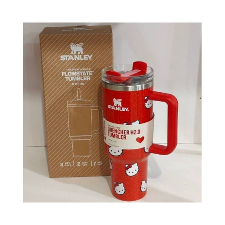 Stanley Quencher H2.0 termosz fogantyúval és szívószállal, háromállású fedél, szigetelt rozsdamentes acél, Hello Kitty piros, 40 oz