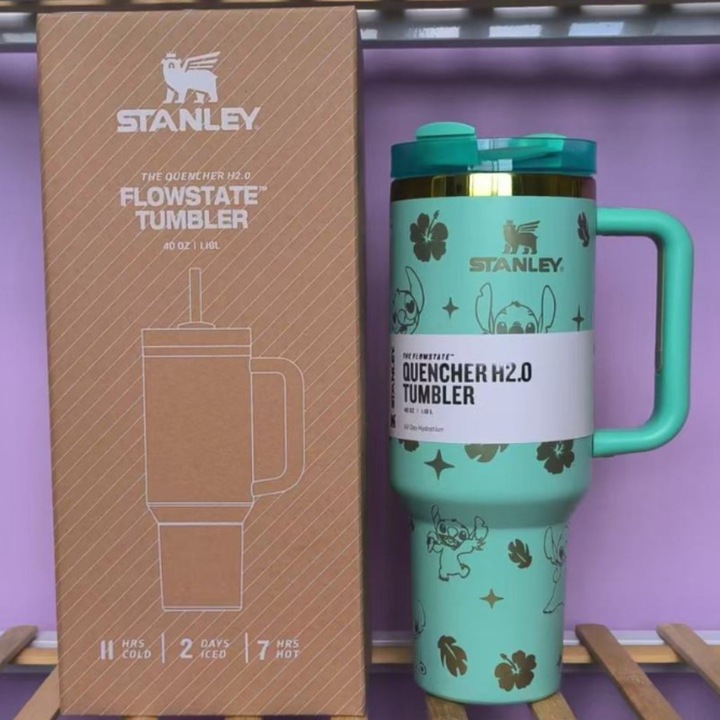 Термос с дръжка и сламка Stanley Quencher H2.0, капак с три позиции, преносим дизайн за поставка за кола, изолирана неръждаема стомана, зелен, 40oz