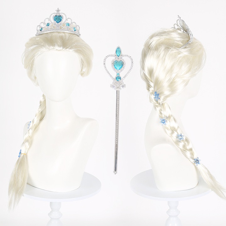 Costum Elsa din Frozencos, set cu peruca, coroana si baston