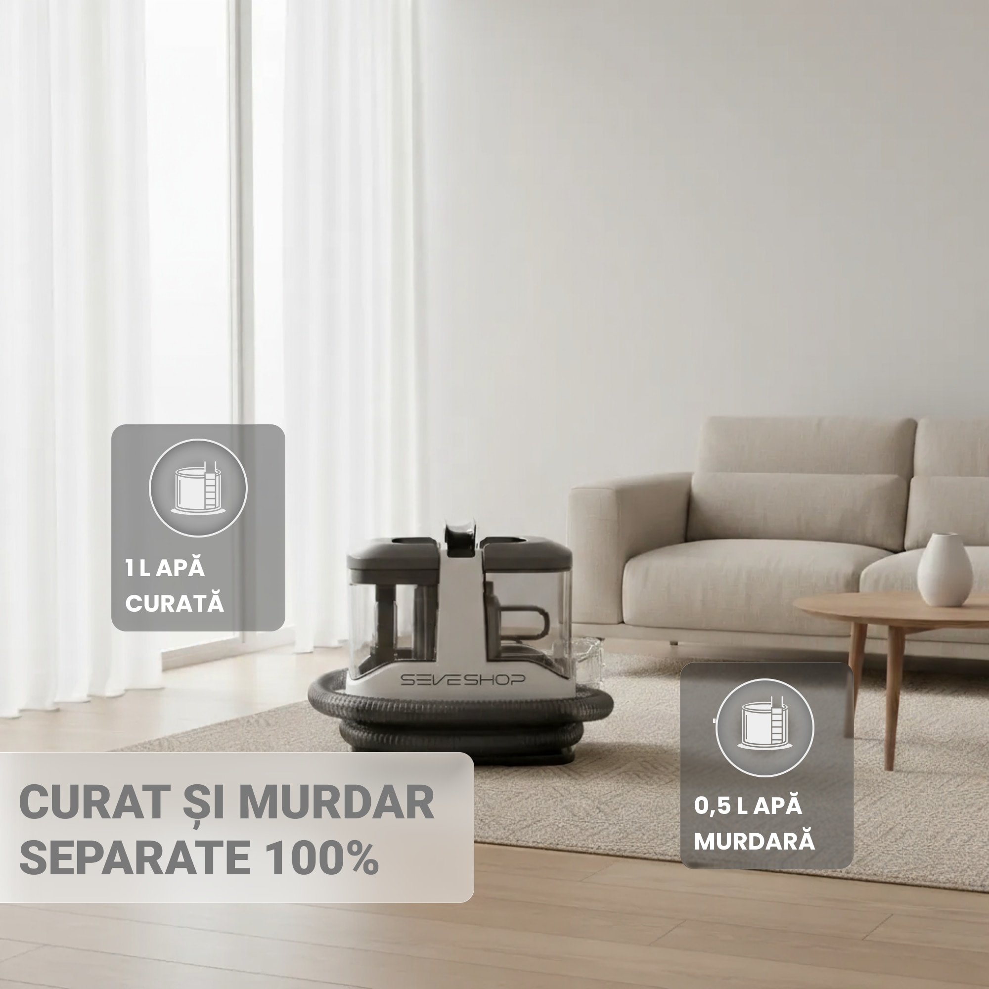 Aspirator Cu Spalare 3 In 1, SeveShop® C3 Teendow, Aspirator Cu Extractie Pentru Tapiterii Si Covor, Putere 450W, Aspirator Cu Rezervor Dublu 1L + 0.5L, Putere De Aspirare 12000Pa, Motor Cu Perii, Zgomot ≤80dB, Compact, Portabil, Ideal Auto, Canapea, Gri