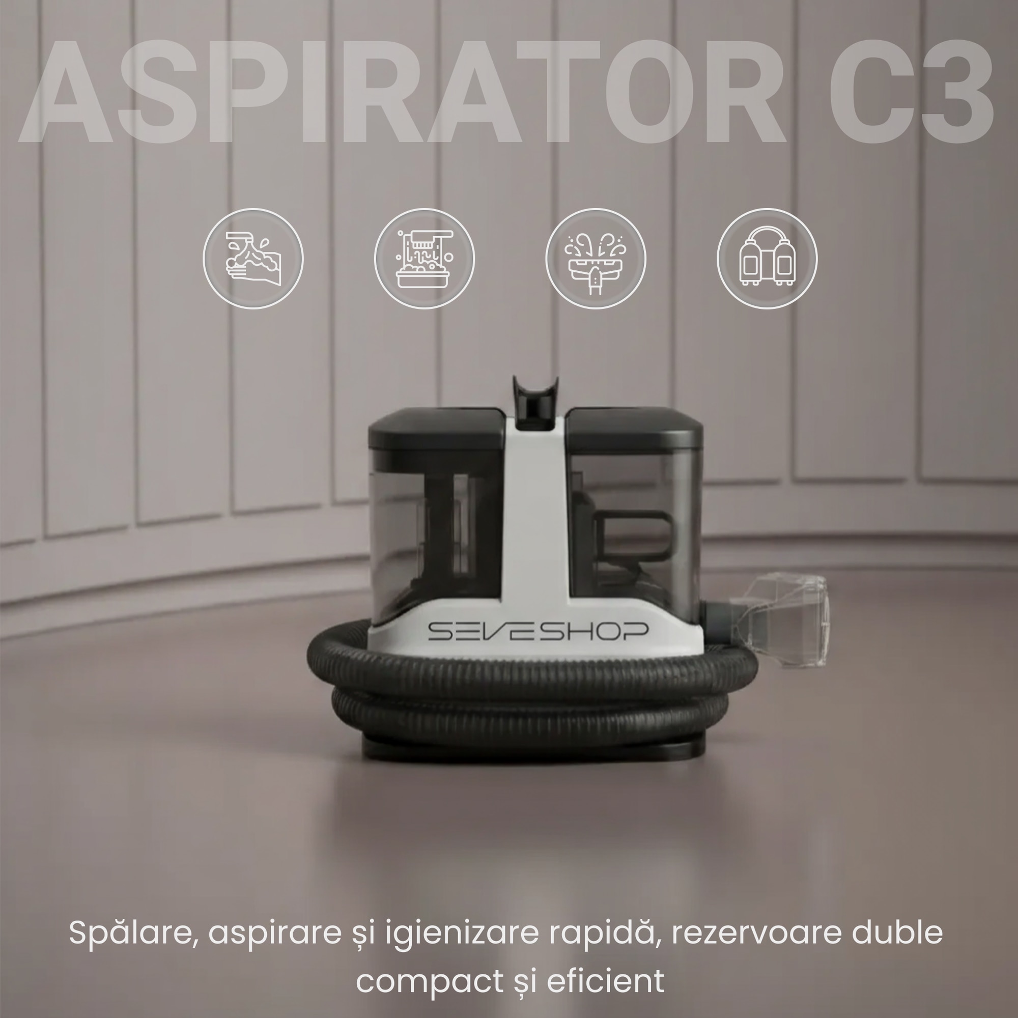 Aspirator Cu Spalare 3 In 1, SeveShop® C3 Teendow, Aspirator Cu Extractie Pentru Tapiterii Si Covor, Putere 450W, Aspirator Cu Rezervor Dublu 1L + 0.5L, Putere De Aspirare 12000Pa, Motor Cu Perii, Zgomot ≤80dB, Compact, Portabil, Ideal Auto, Canapea, Gri