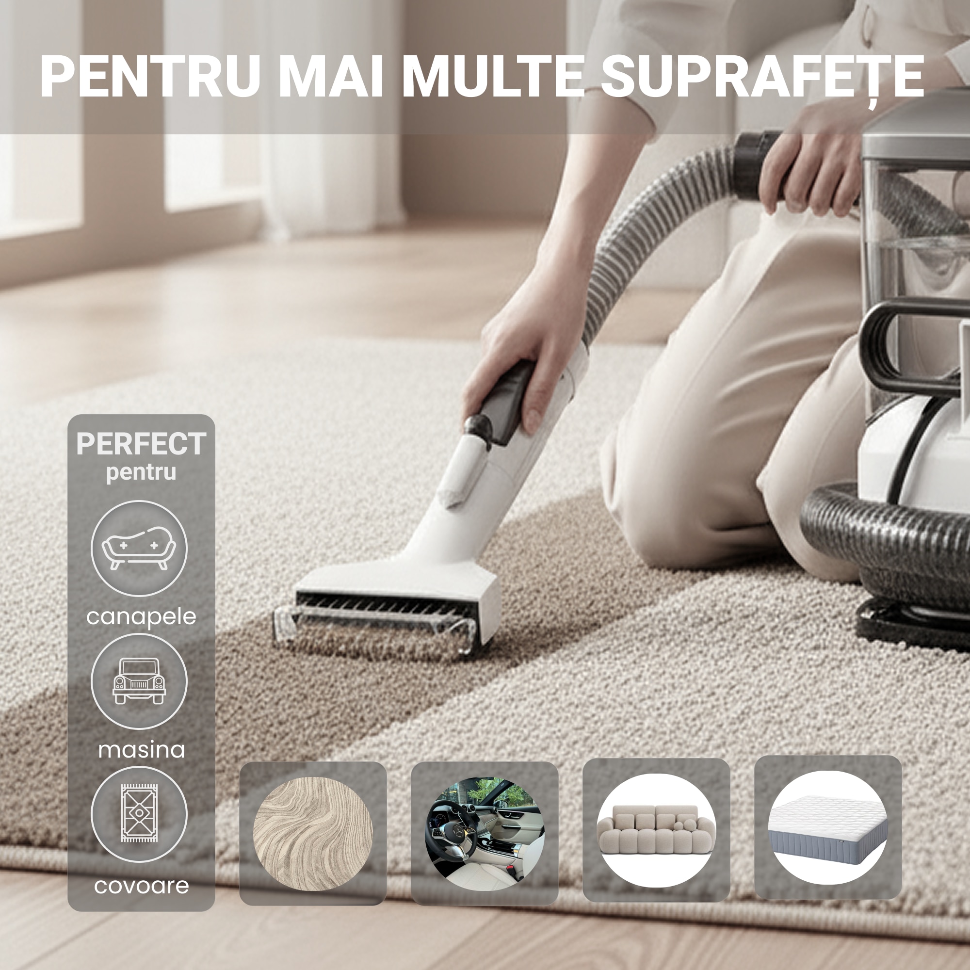 Aspirator Cu Spalare 3 In 1, SeveShop® C3 Teendow, Aspirator Cu Extractie Pentru Tapiterii Si Covor, Putere 450W, Aspirator Cu Rezervor Dublu 1L + 0.5L, Putere De Aspirare 12000Pa, Motor Cu Perii, Zgomot ≤80dB, Compact, Portabil, Ideal Auto, Canapea, Gri