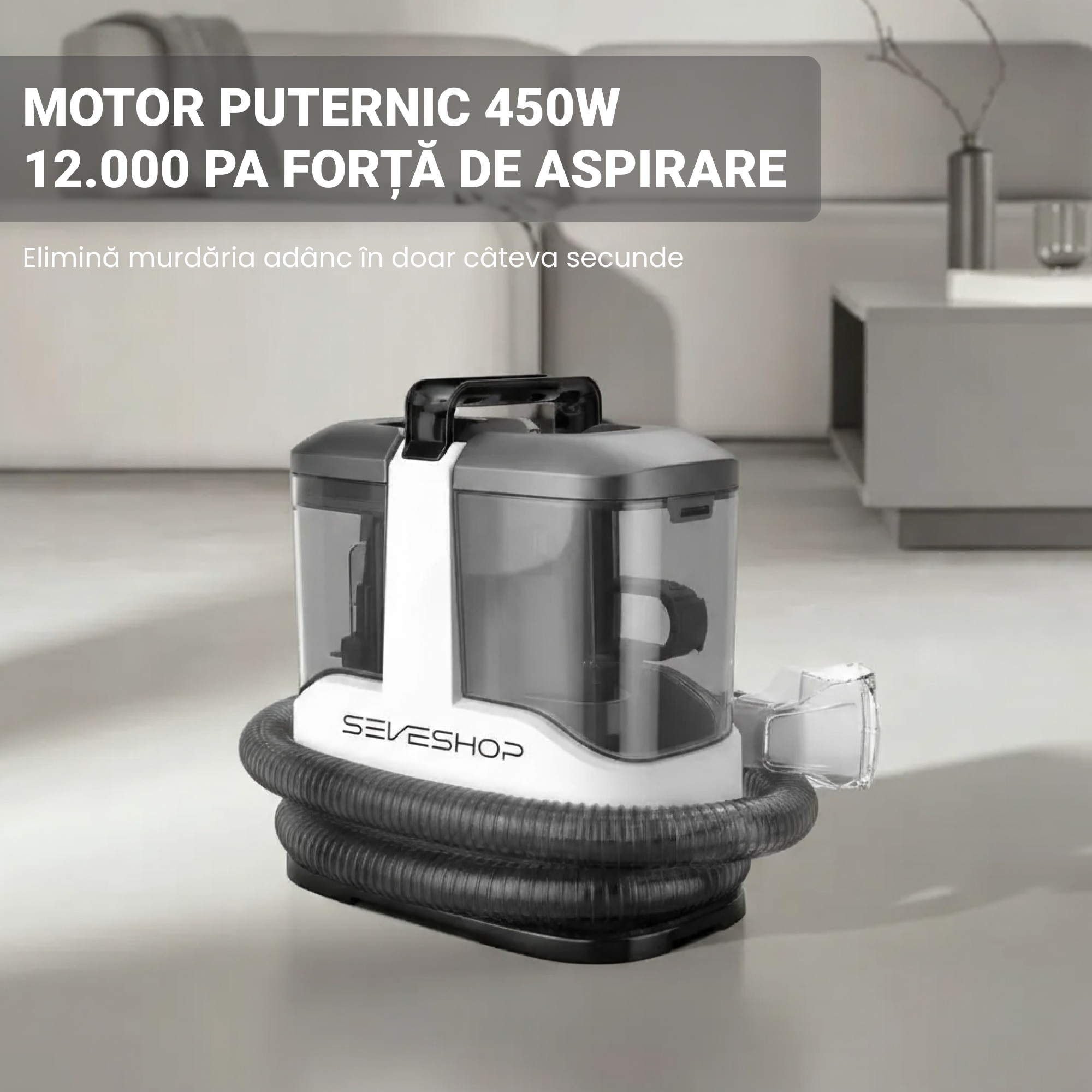 Aspirator Cu Spalare 3 In 1, SeveShop® C3 Teendow, Aspirator Cu Extractie Pentru Tapiterii Si Covor, Putere 450W, Aspirator Cu Rezervor Dublu 1L + 0.5L, Putere De Aspirare 12000Pa, Motor Cu Perii, Zgomot ≤80dB, Compact, Portabil, Ideal Auto, Canapea, Gri