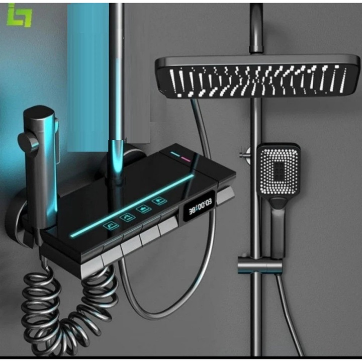 Vivendo® Smart zuhanyoszlop, termosztatikus LED kijelzővel, 4 permetezési mód, 360°-os forgatás, LED világítás, zuhanyfej és rejtett csap, prémium anyagok, áramellátás nélkül
